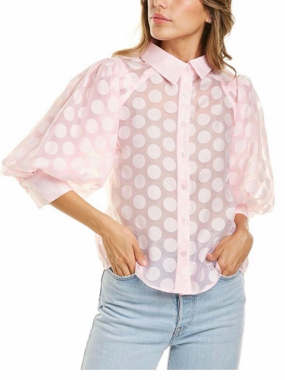 Gracia Light Lavender Polka Dot Puff Sleeve Blouse